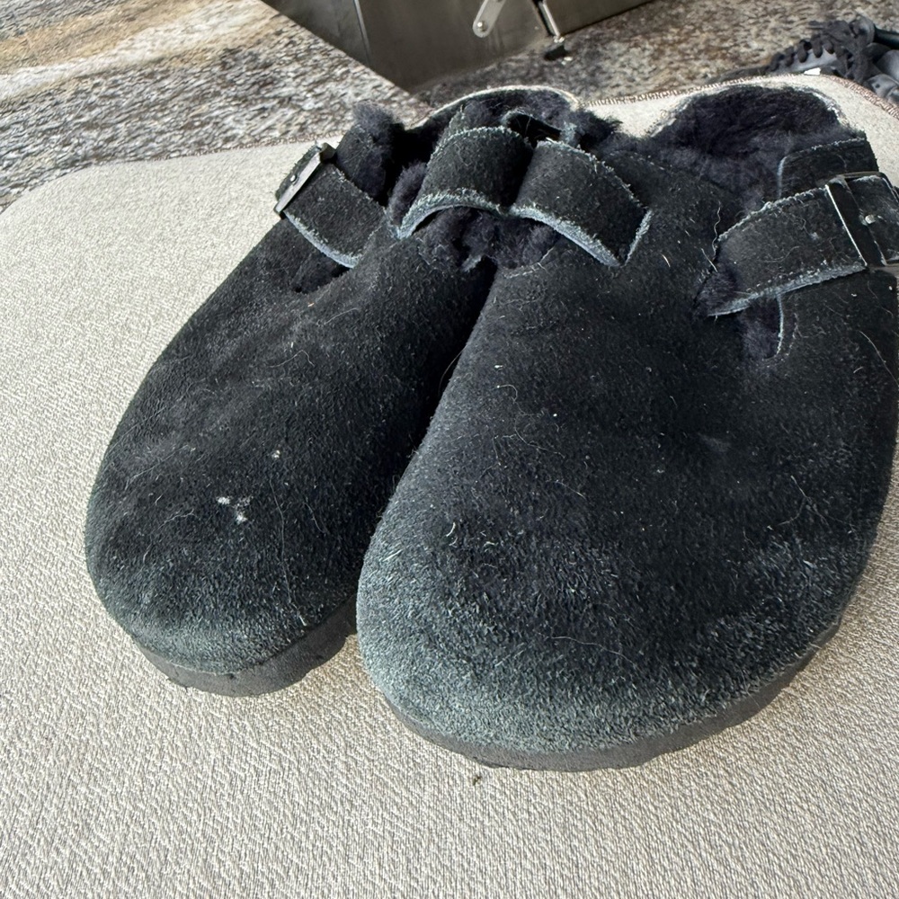 Birkenstock Black Suede Buckle Slippers - Picture 2 of 5